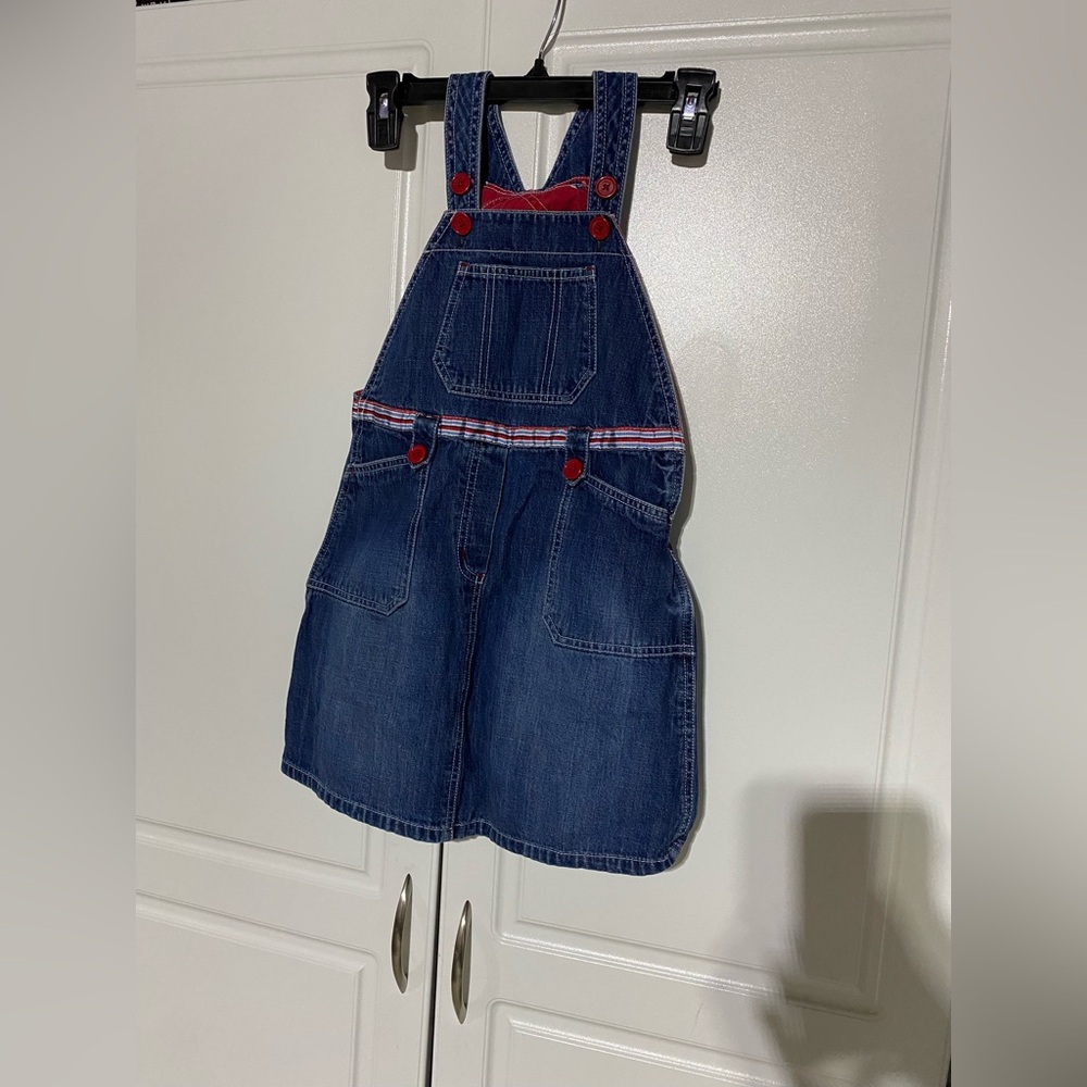 Y2K Girls Denim Overalls Dress with Red Accents